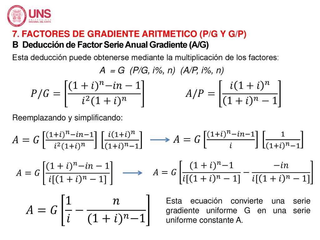 𝐴=𝐺 1 𝑖 − 𝑛 (1+𝑖) 𝑛 −1 𝑃/𝐺= (1+𝑖) 𝑛 −𝑖𝑛−1 𝑖 2 (1+𝑖) 𝑛
