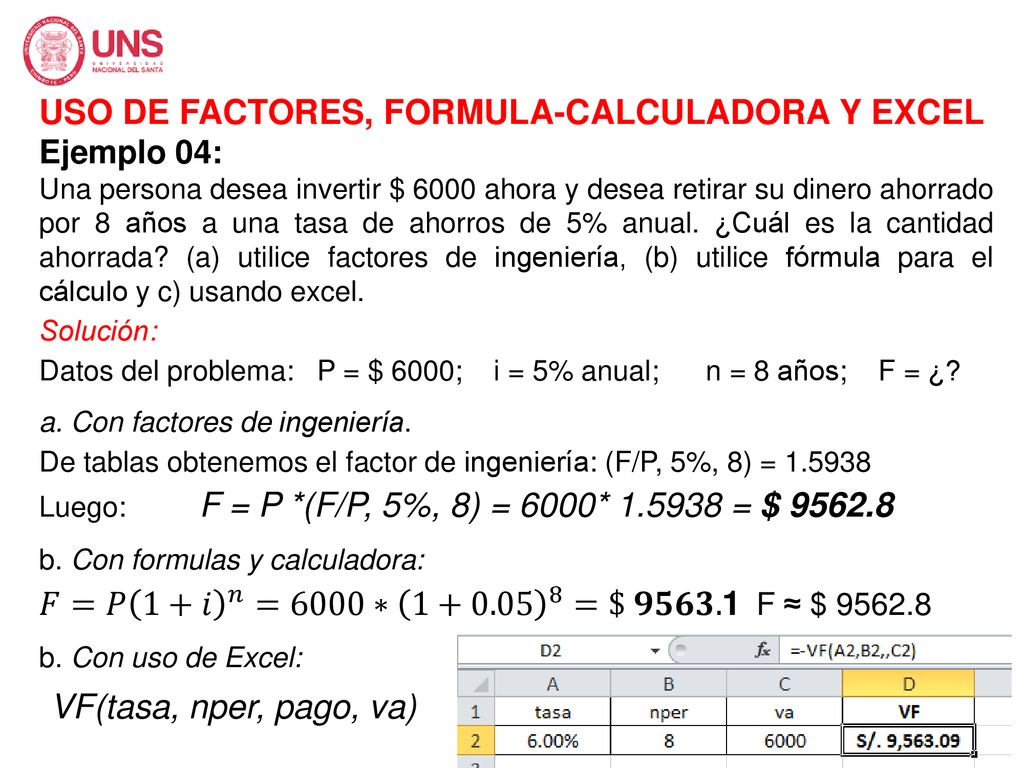 VF(tasa, nper, pago, va) USO DE FACTORES, FORMULA-CALCULADORA Y EXCEL