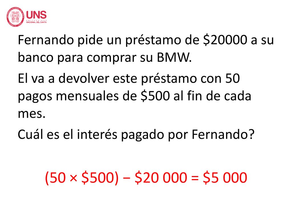 Fernando pide un préstamo de $20000 a su banco para comprar su BMW.