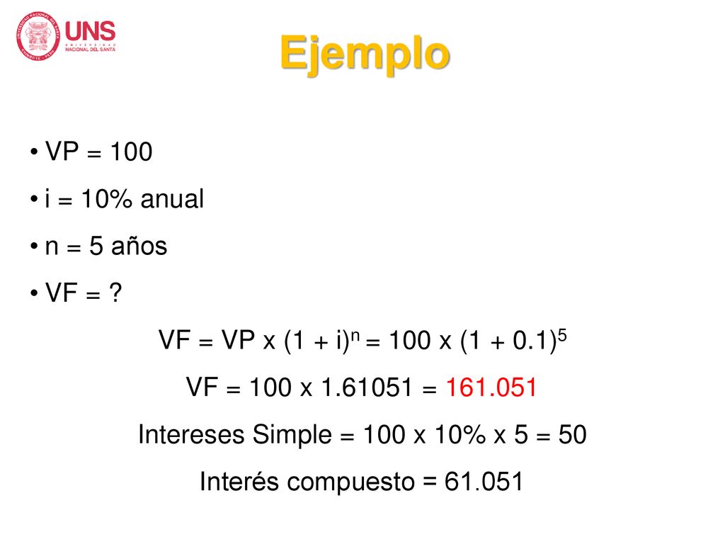 Intereses Simple = 100 x 10% x 5 = 50