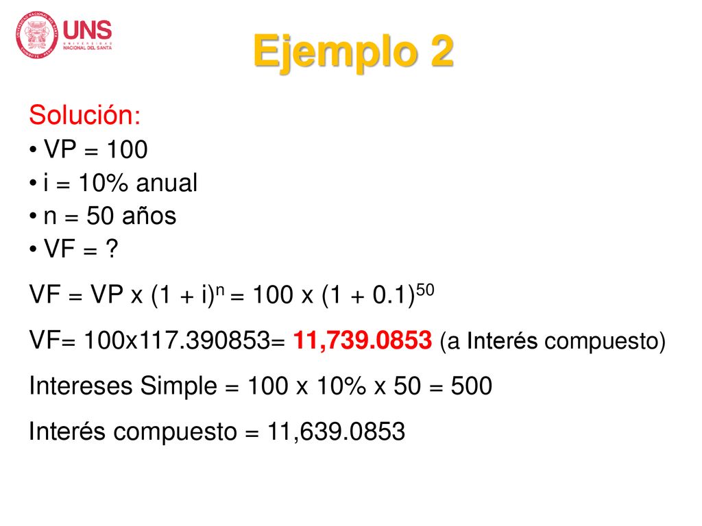 Ejemplo 2 Solución: VP = 100 i = 10% anual n = 50 años VF =