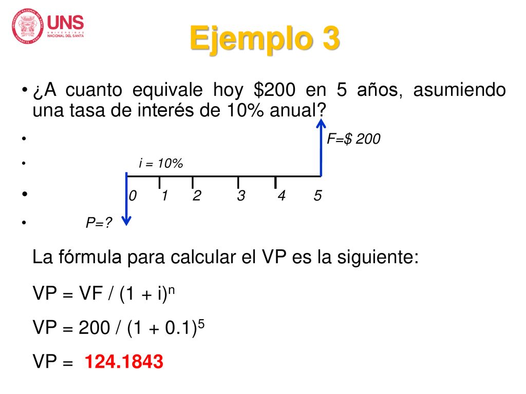 Ejemplo 3 ¿A cuanto equivale hoy $200 en 5 años, asumiendo una tasa de interés de 10% anual F=$ 200.