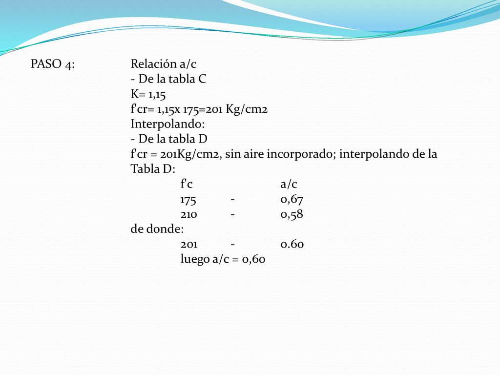 PASO 4: Relación a/c - De la tabla C. K= 1,15. f cr= 1,15x 175=201 Kg/cm2. Interpolando: - De la tabla D.