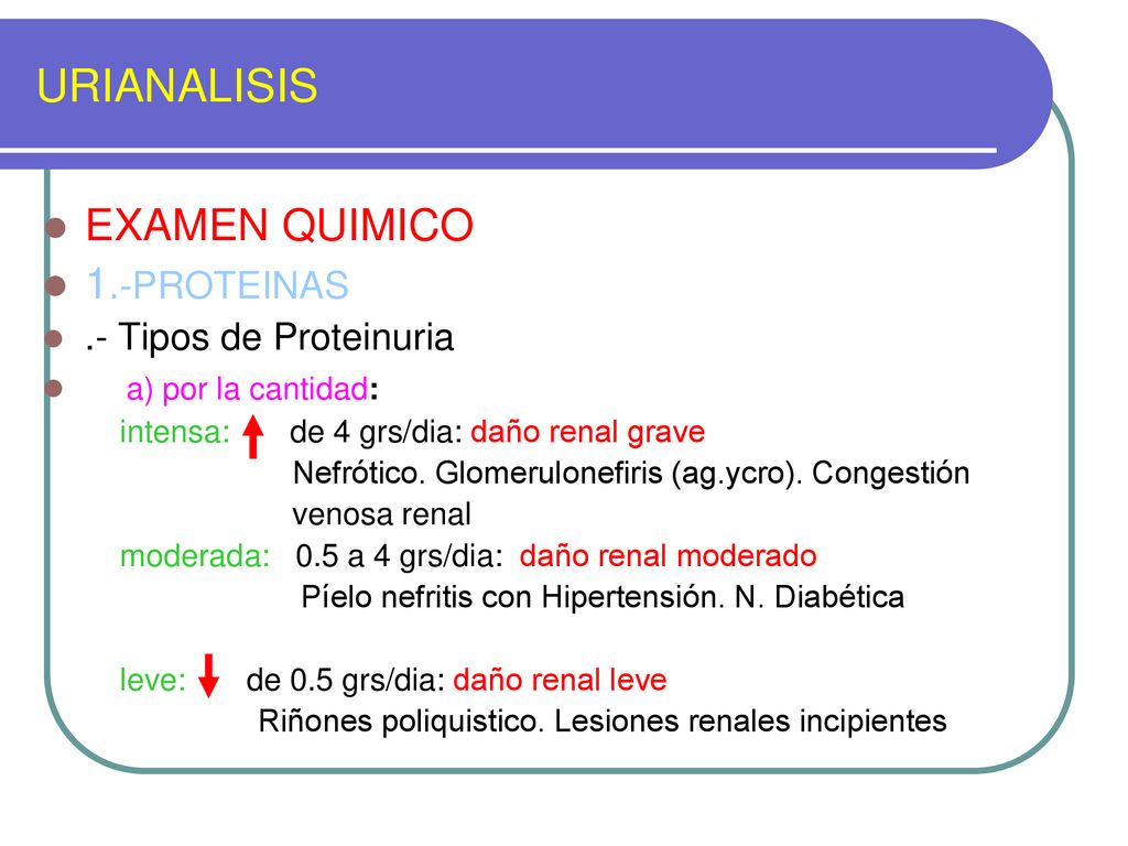 URIANALISIS EXAMEN QUIMICO 1.-PROTEINAS .- Tipos de Proteinuria