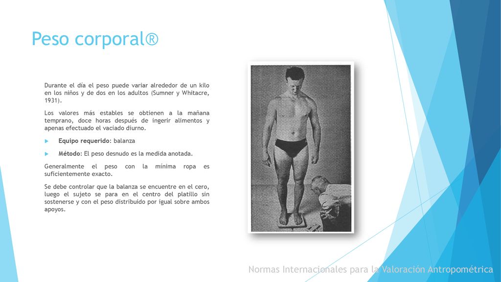 Peso corporal® Durante el día el peso puede variar alrededor de un kilo en los niños y de dos en los adultos (Sumner y Whitacre, 1931).