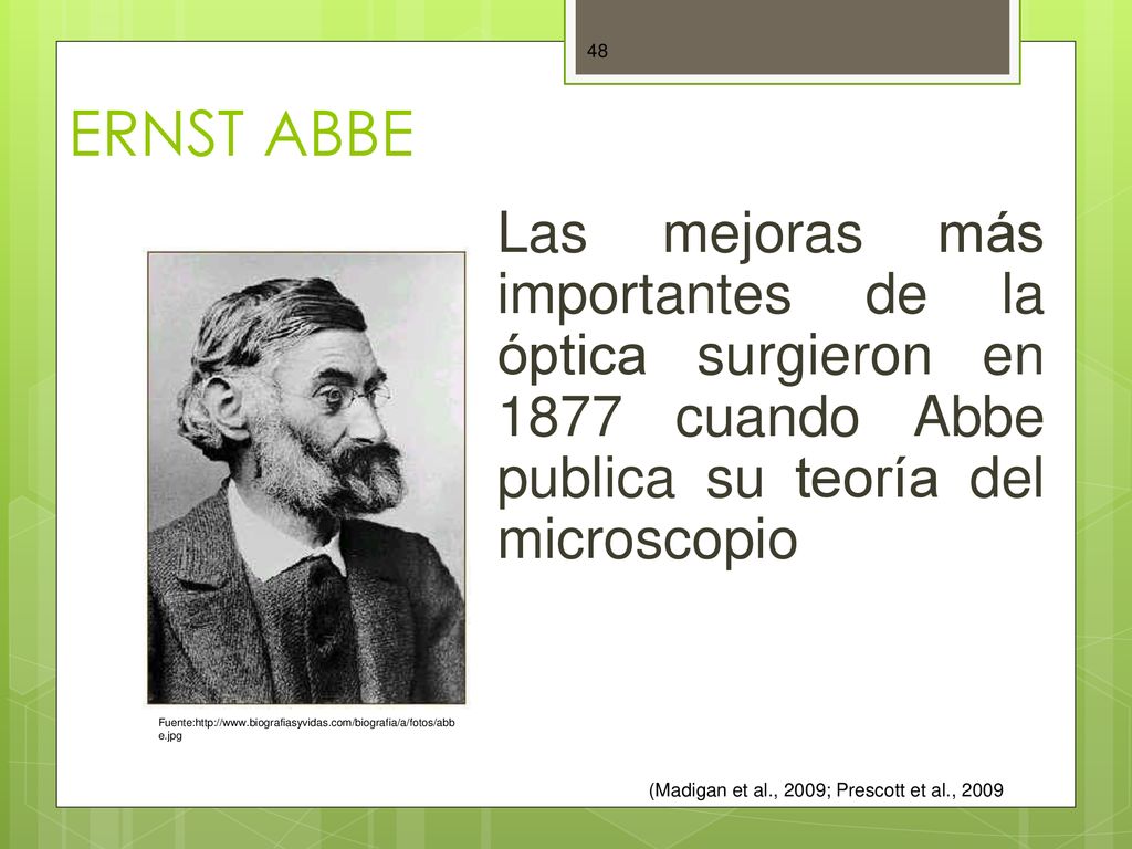 ERNST ABBE Las mejoras más importantes de la óptica surgieron en 1877 cuando Abbe publica su teoría del microscopio.