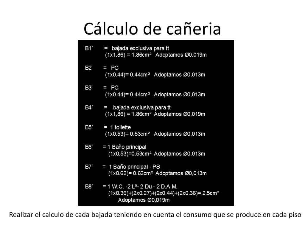 Cálculo de cañeria Realizar el calculo de cada bajada teniendo en cuenta el consumo que se produce en cada piso.