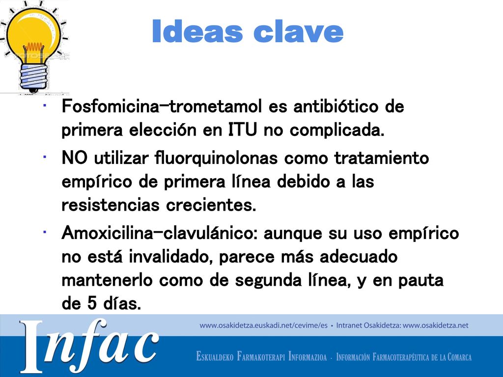 Ideas clave Fosfomicina-trometamol es antibiótico de primera elección en ITU no complicada.