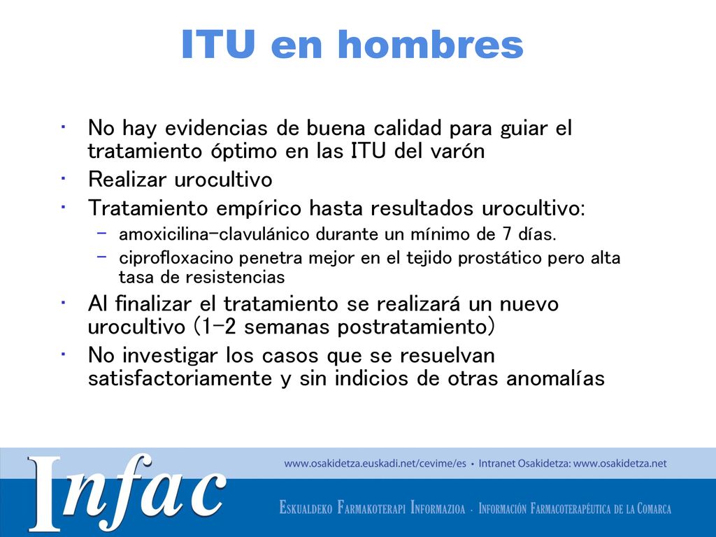 ITU en hombres No hay evidencias de buena calidad para guiar el tratamiento óptimo en las ITU del varón.