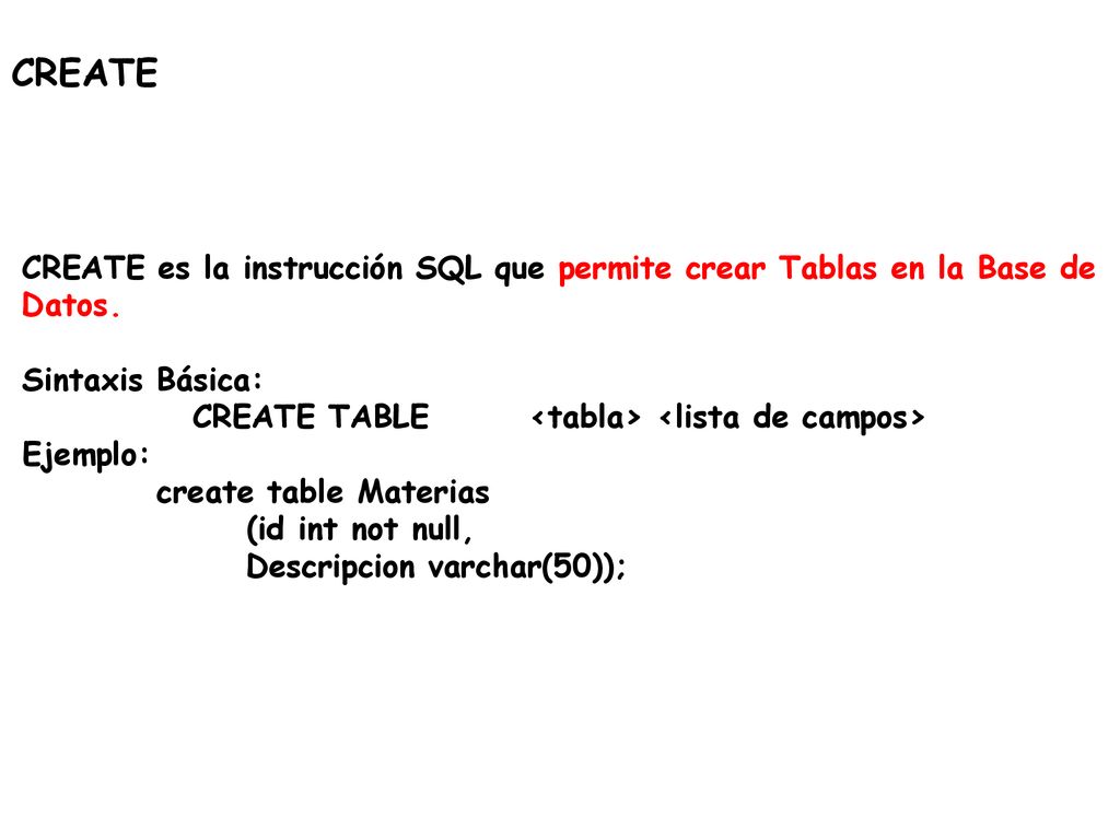CREATE TABLE <tabla> <lista de campos>
