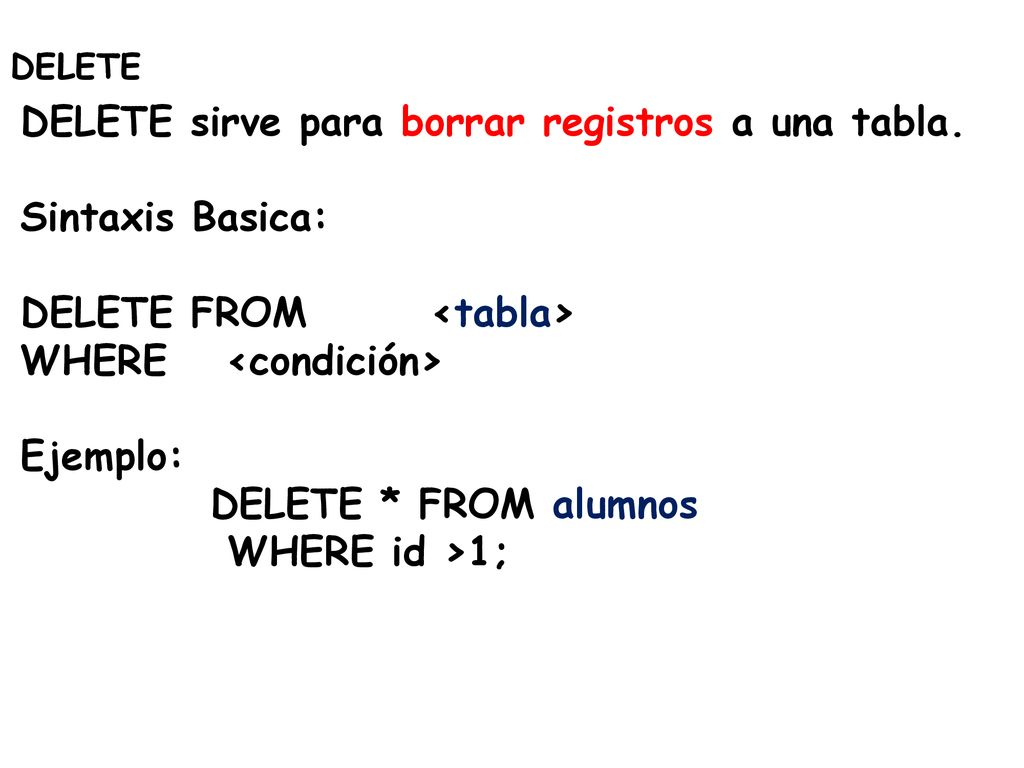 DELETE sirve para borrar registros a una tabla. Sintaxis Basica: