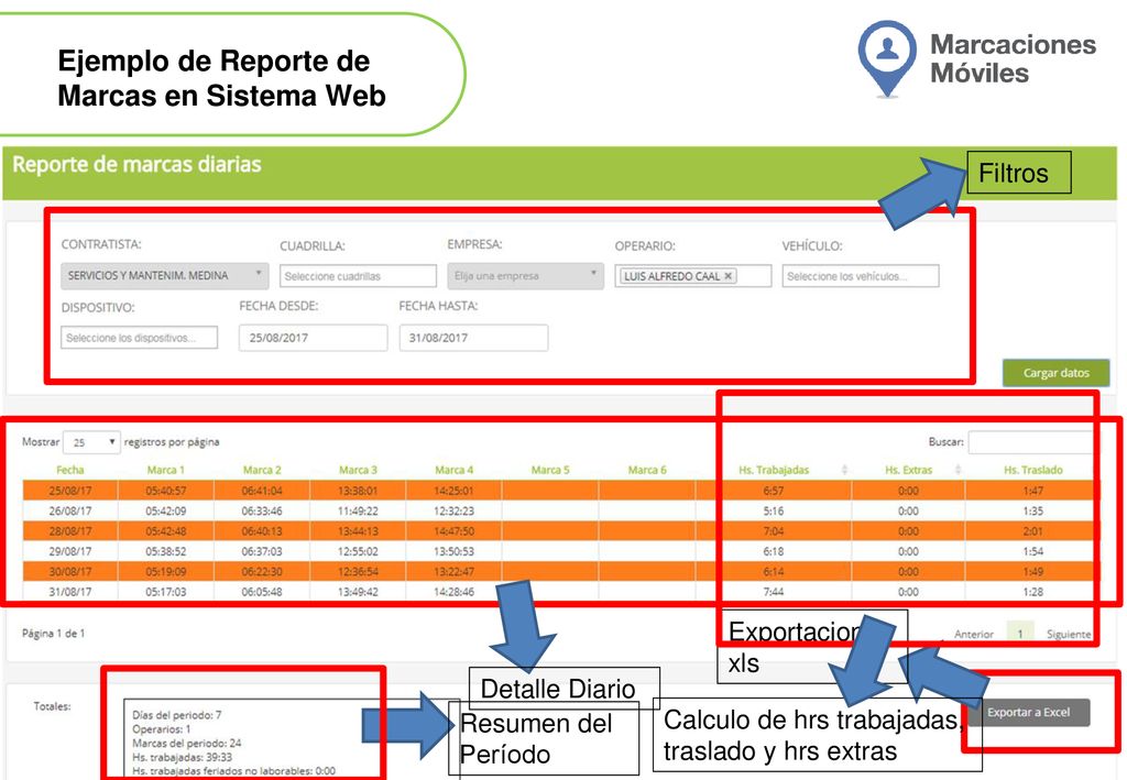 Ejemplo de Reporte de Marcas en Sistema Web