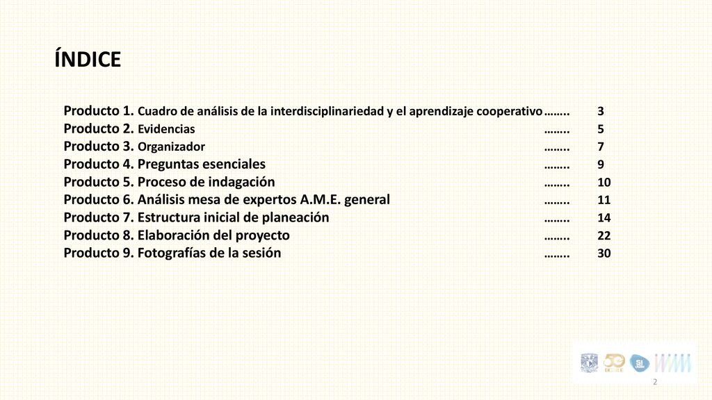 ÍNDICE Producto 1. Cuadro de análisis de la interdisciplinariedad y el aprendizaje cooperativo …….. 3.