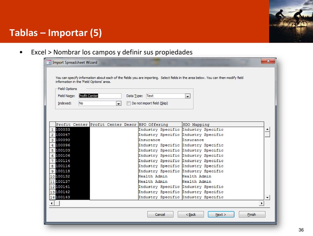 Tablas – Importar (5) Excel > Nombrar los campos y definir sus propiedades