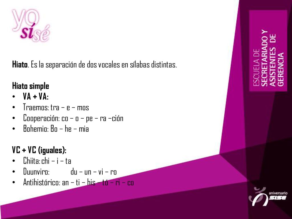 Hiato. Es la separación de dos vocales en sílabas distintas.