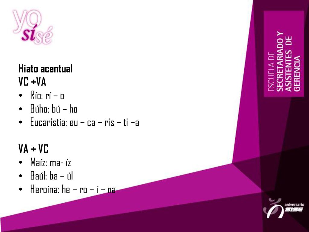 Hiato acentual VC +VA. Río: rí – o. Búho: bú – ho. Eucaristía: eu – ca – ris – ti –a. VA + VC.