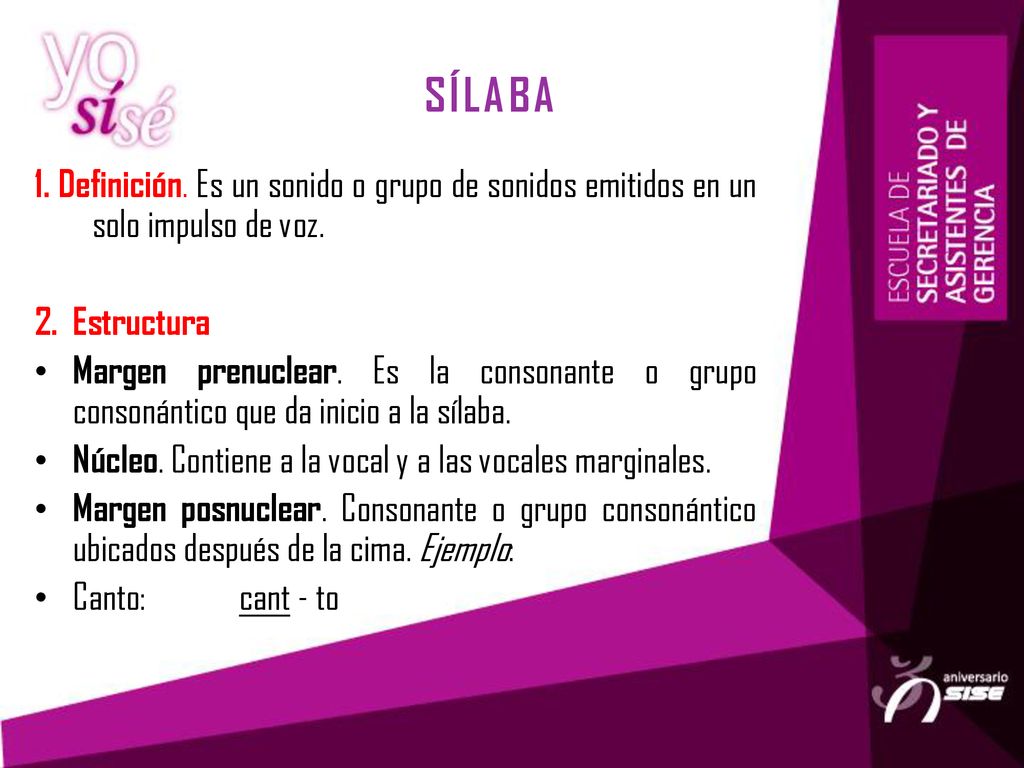 SÍLABA 1. Definición. Es un sonido o grupo de sonidos emitidos en un solo impulso de voz. 2. Estructura.