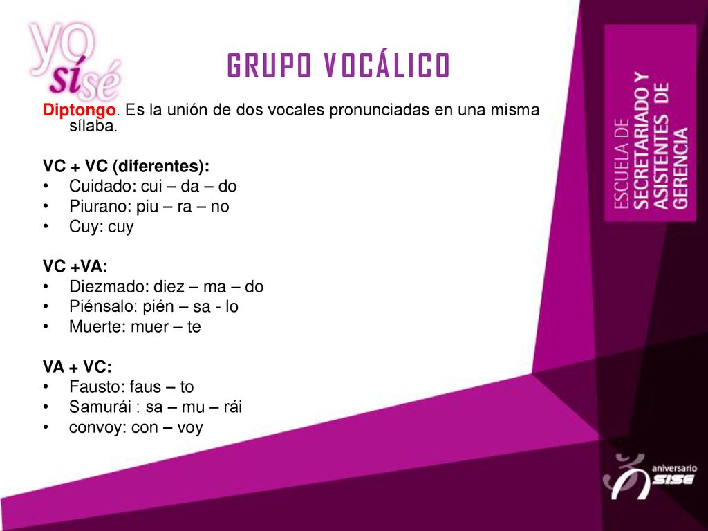 GRUPO VOCÁLICO Diptongo. Es la unión de dos vocales pronunciadas en una misma sílaba. VC + VC (diferentes):