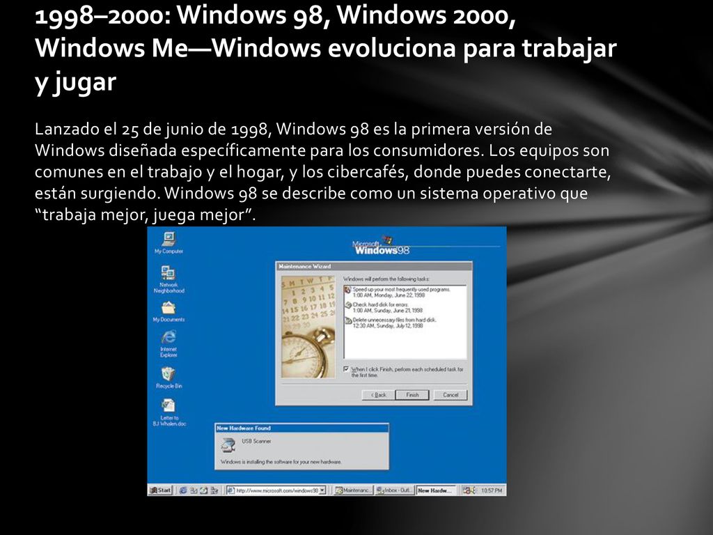 1998–2000: Windows 98, Windows 2000, Windows Me—Windows evoluciona para trabajar y jugar