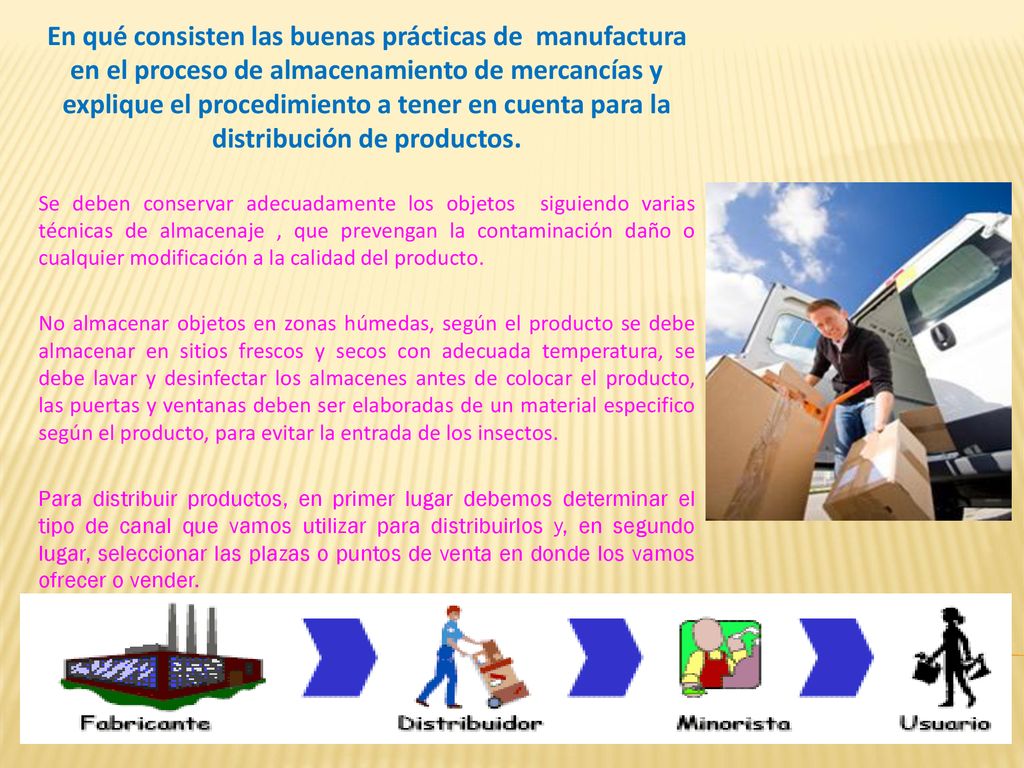 En qué consisten las buenas prácticas de manufactura en el proceso de almacenamiento de mercancías y explique el procedimiento a tener en cuenta para la distribución de productos.