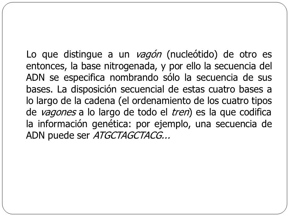 Lo que distingue a un vagón (nucleótido) de otro es entonces, la base nitrogenada, y por ello la secuencia del ADN se especifica nombrando sólo la secuencia de sus bases.