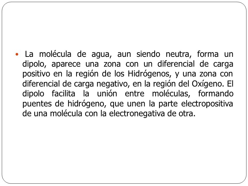 La molécula de agua, aun siendo neutra, forma un dipolo, aparece una zona con un diferencial de carga positivo en la región de los Hidrógenos, y una zona con diferencial de carga negativo, en la región del Oxígeno.