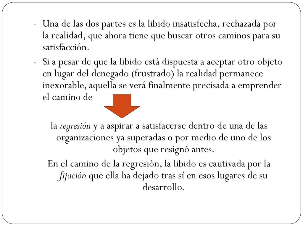 Una de las dos partes es la libido insatisfecha, rechazada por la realidad, que ahora tiene que buscar otros caminos para su satisfacción.