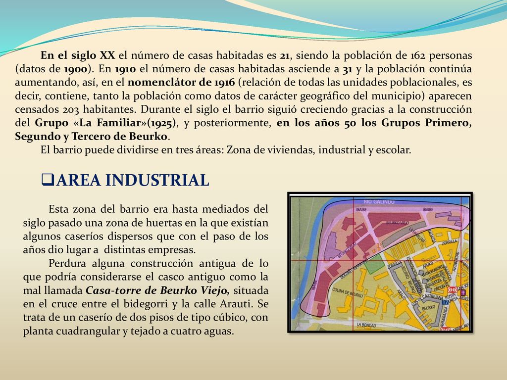En el siglo XX el número de casas habitadas es 21, siendo la población de 162 personas (datos de 1900). En 1910 el número de casas habitadas asciende a 31 y la población continúa aumentando, así, en el nomenclátor de 1916 (relación de todas las unidades poblacionales, es decir, contiene, tanto la población como datos de carácter geográfico del municipio) aparecen censados 203 habitantes. Durante el siglo el barrio siguió creciendo gracias a la construcción del Grupo «La Familiar»(1925), y posteriormente, en los años 50 los Grupos Primero, Segundo y Tercero de Beurko.