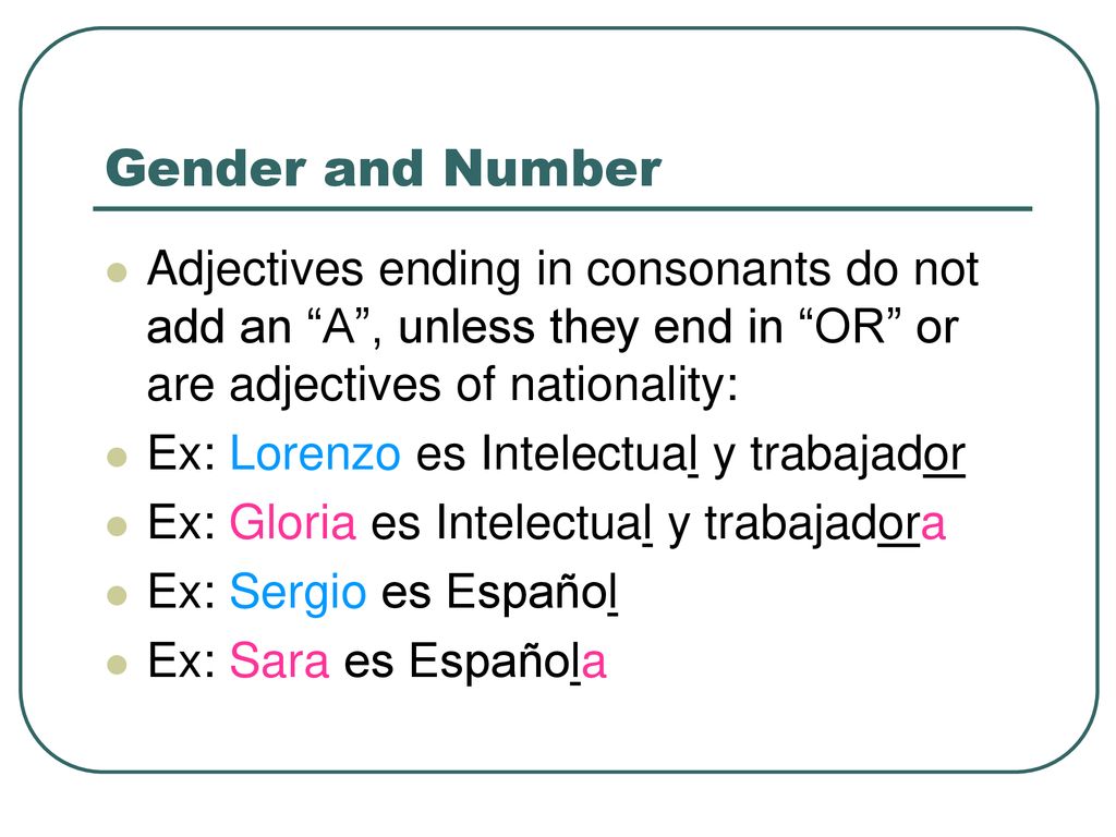 Gender and Number Adjectives ending in consonants do not add an A , unless they end in OR or are adjectives of nationality: