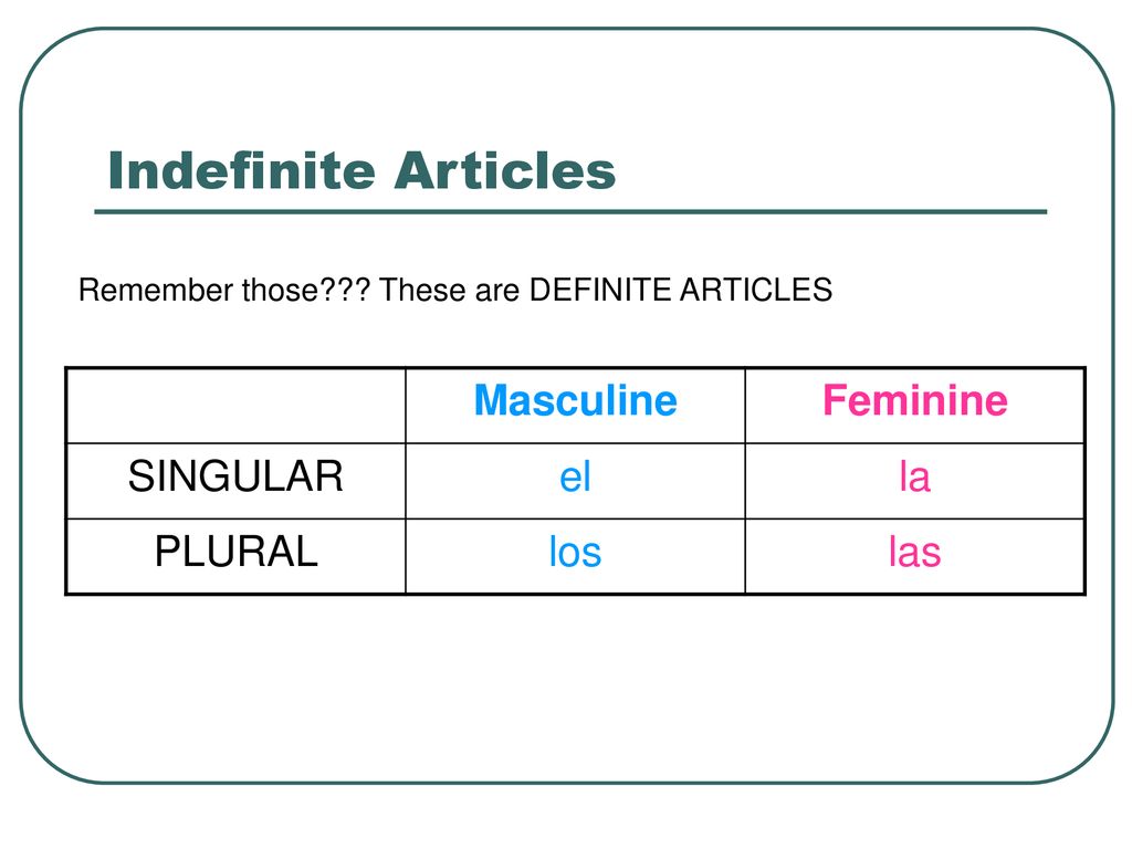 Indefinite Articles Masculine Feminine SINGULAR el la PLURAL los las
