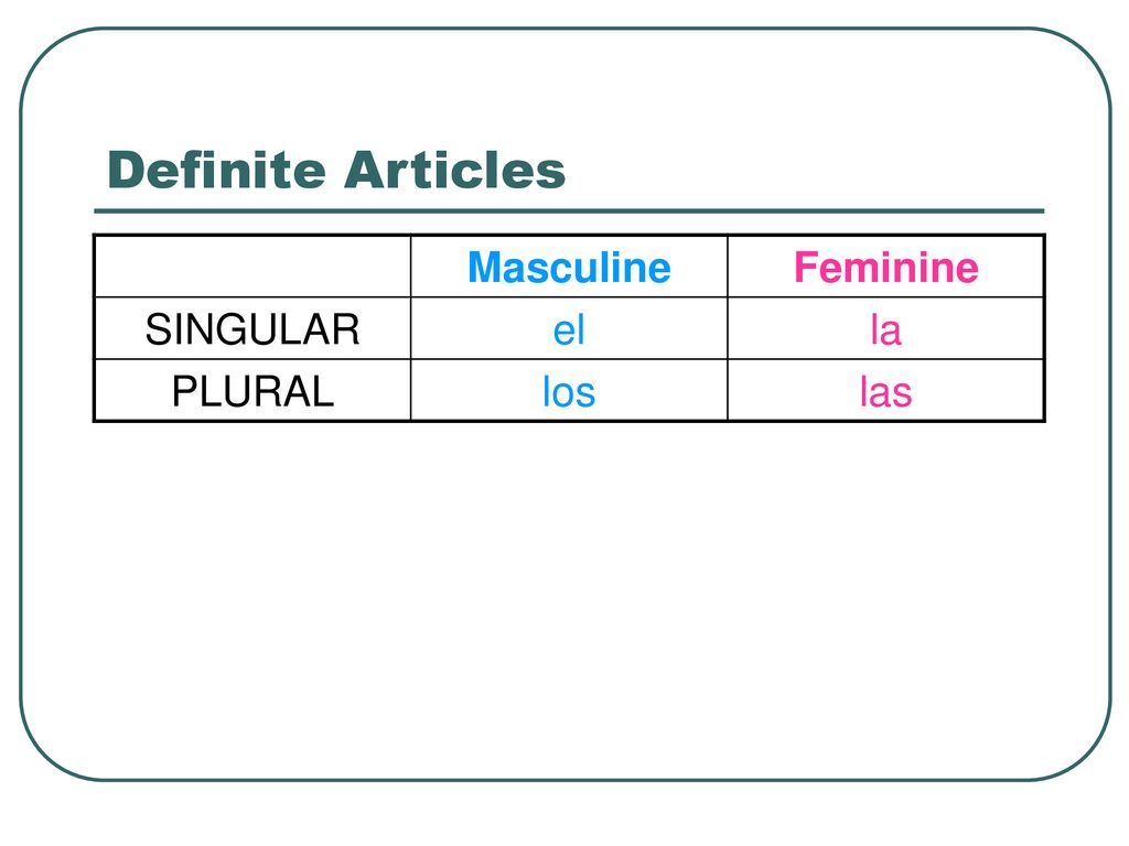 Definite Articles Masculine Feminine SINGULAR el la PLURAL los las