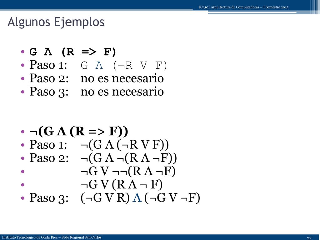 Algunos Ejemplos G Λ (R => F) Paso 1: G Λ (¬R V F) Paso 2: no es necesario. Paso 3: no es necesario.