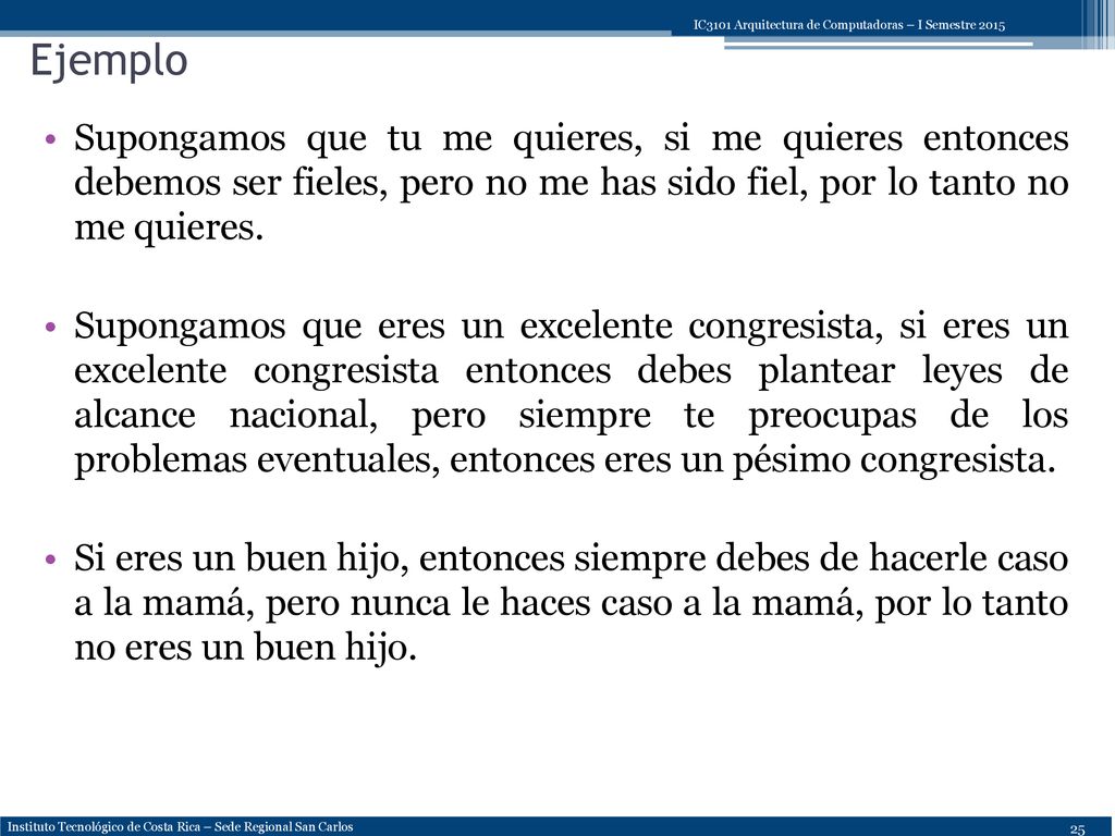 Ejemplo Supongamos que tu me quieres, si me quieres entonces debemos ser fieles, pero no me has sido fiel, por lo tanto no me quieres.