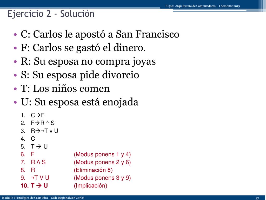 C: Carlos le apostó a San Francisco F: Carlos se gastó el dinero.