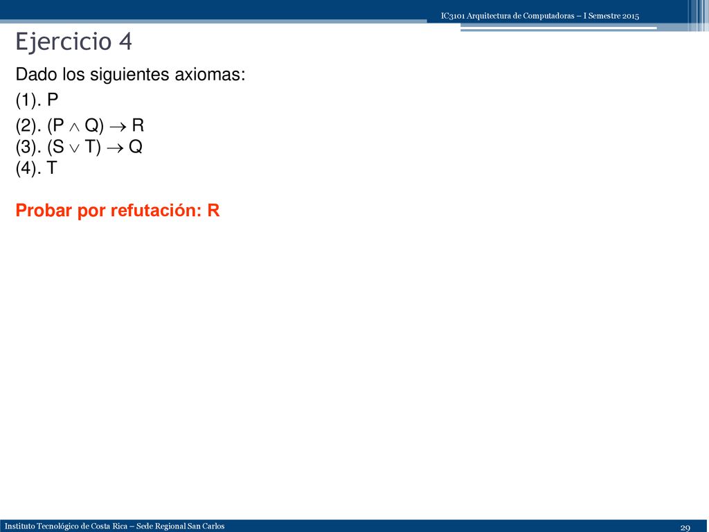 Ejercicio 4 Dado los siguientes axiomas: (1). P (2). (P  Q)  R