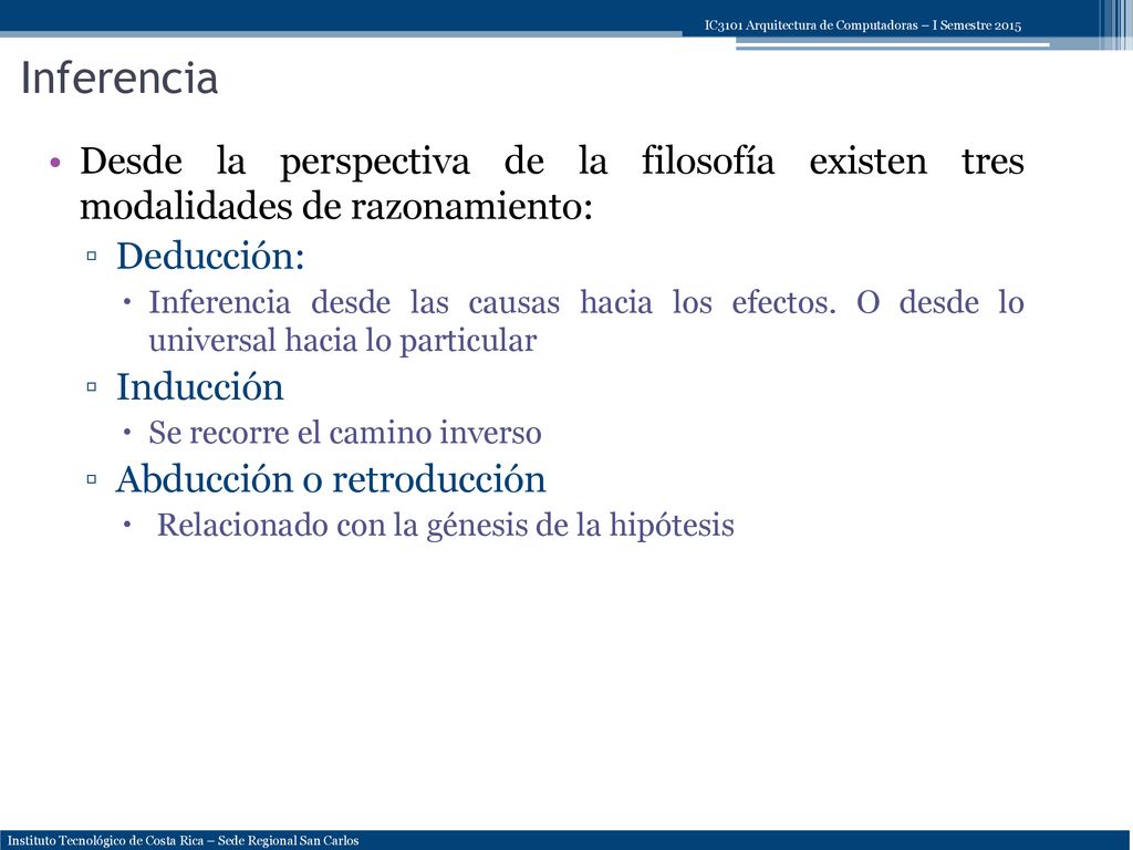 Inferencia Desde la perspectiva de la filosofía existen tres modalidades de razonamiento: Deducción: