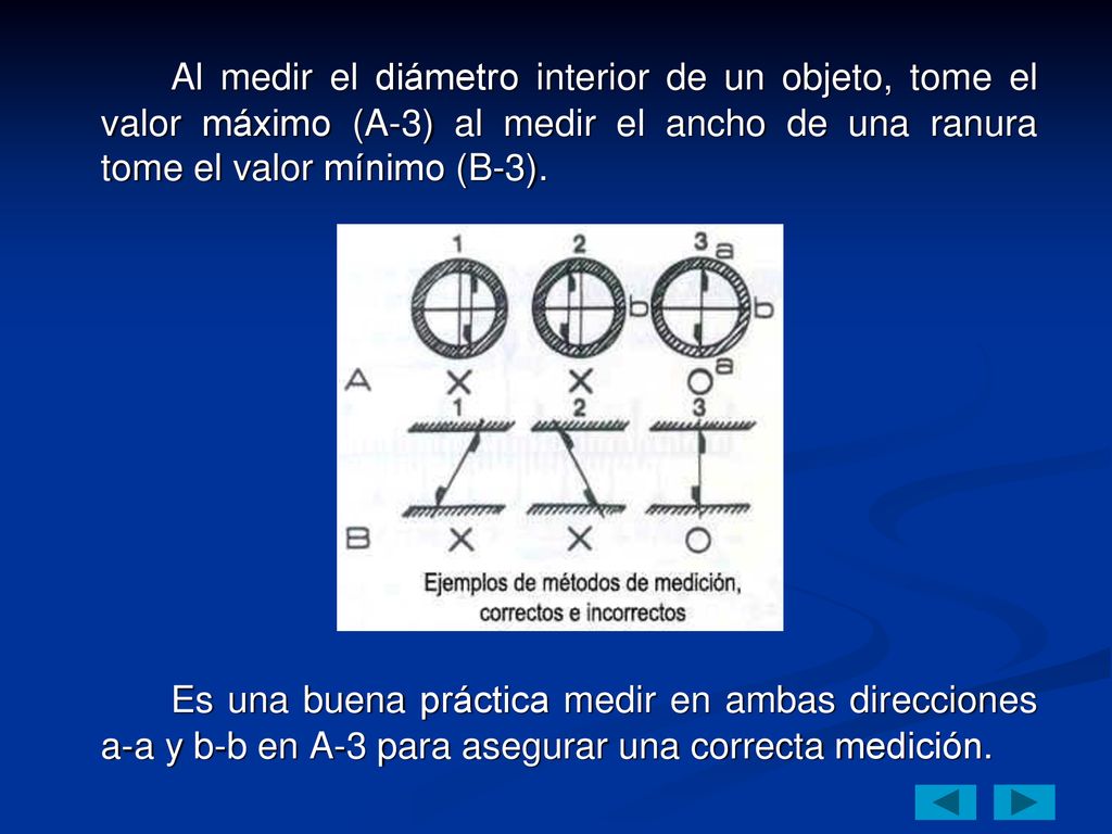Al medir el diámetro interior de un objeto, tome el valor máximo (A-3) al medir el ancho de una ranura tome el valor mínimo (B-3).