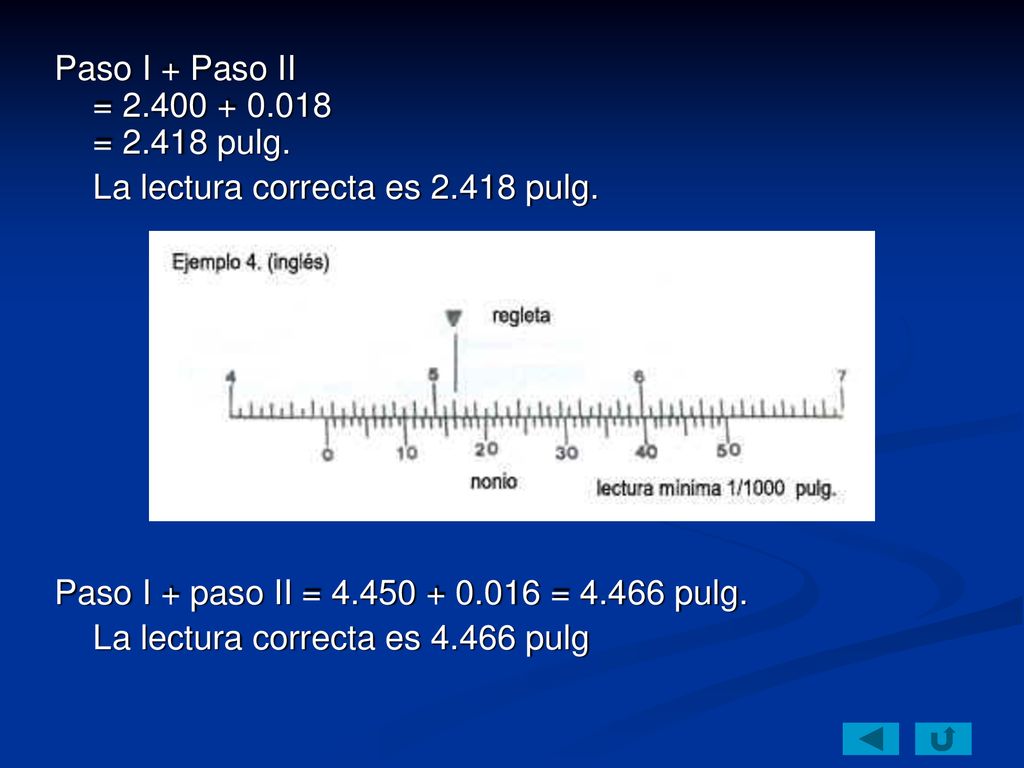 Paso I + Paso II = = pulg. La lectura correcta es pulg. Paso I + paso II = = pulg.