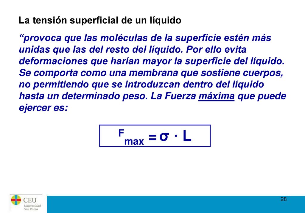 Fmax = σ · L La tensión superficial de un líquido