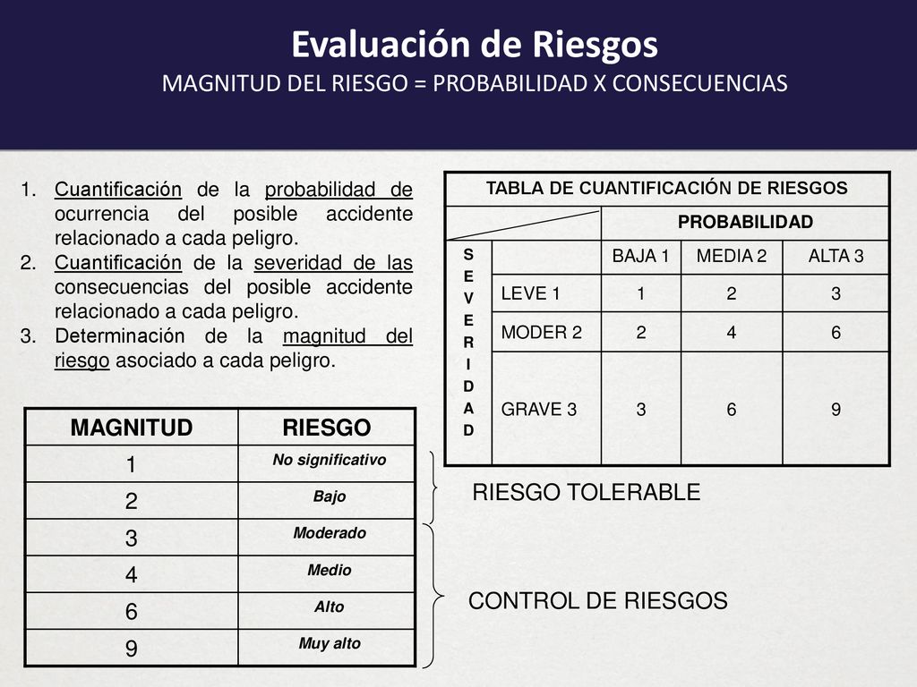 Evaluación de Riesgos MAGNITUD DEL RIESGO = PROBABILIDAD X CONSECUENCIAS.
