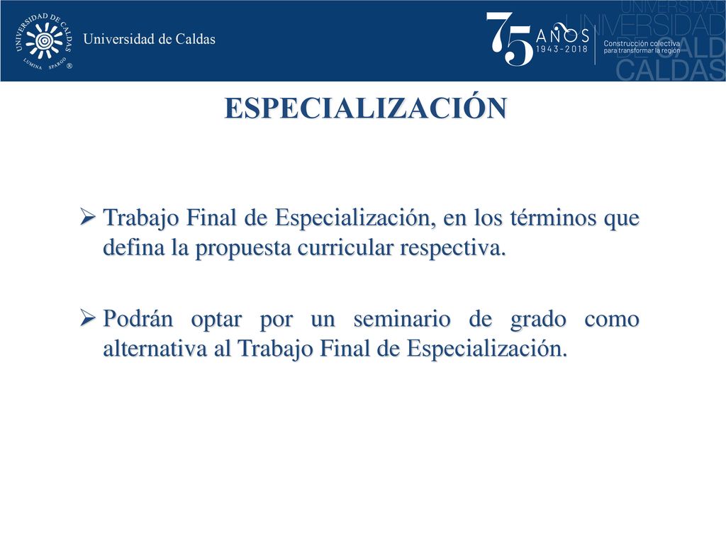 ESPECIALIZACIÓN Trabajo Final de Especialización, en los términos que defina la propuesta curricular respectiva.