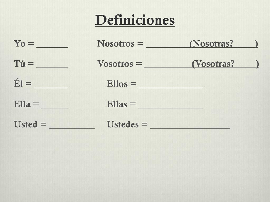 Definiciones Yo = Nosotros = (Nosotras. ) Tú = Vosotros = (Vosotras.
