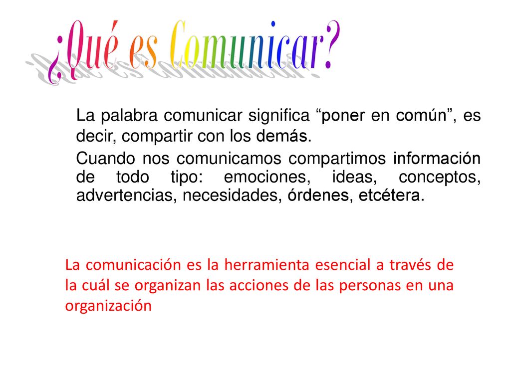 ¿Qué es Comunicar La palabra comunicar significa poner en común , es decir, compartir con los demás.