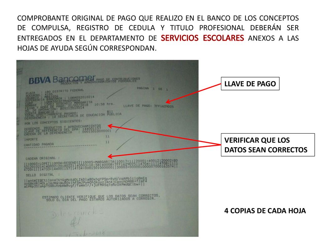 COMPROBANTE ORIGINAL DE PAGO QUE REALIZO EN EL BANCO DE LOS CONCEPTOS DE COMPULSA, REGISTRO DE CEDULA Y TITULO PROFESIONAL DEBERÁN SER ENTREGADOS EN EL DEPARTAMENTO DE SERVICIOS ESCOLARES ANEXOS A LAS HOJAS DE AYUDA SEGÚN CORRESPONDAN.
