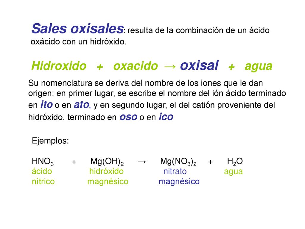 Sales oxisales: resulta de la combinación de un ácido oxácido con un hidróxido.