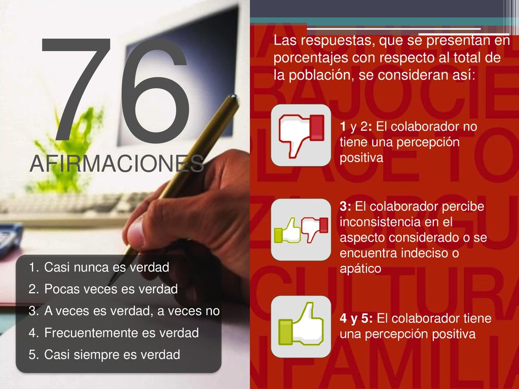 76 AFIRMACIONES. Las respuestas, que se presentan en porcentajes con respecto al total de la población, se consideran así: