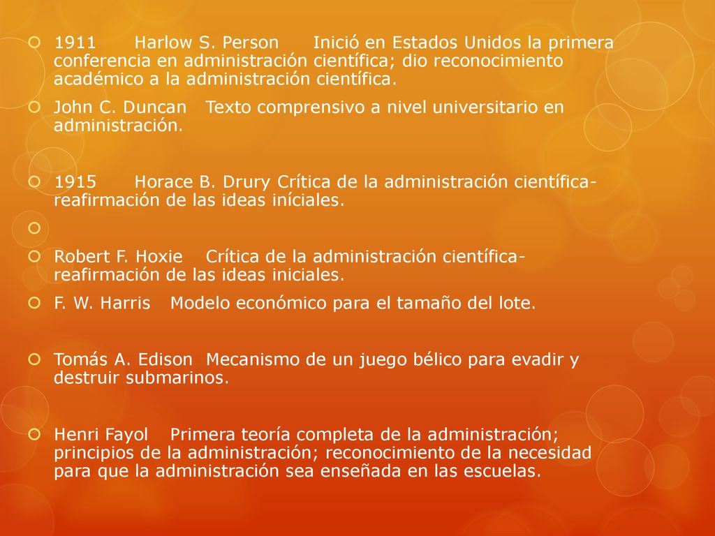 1911 Harlow S. Person Inició en Estados Unidos la primera conferencia en administración científica; dio reconocimiento académico a la administración científica.
