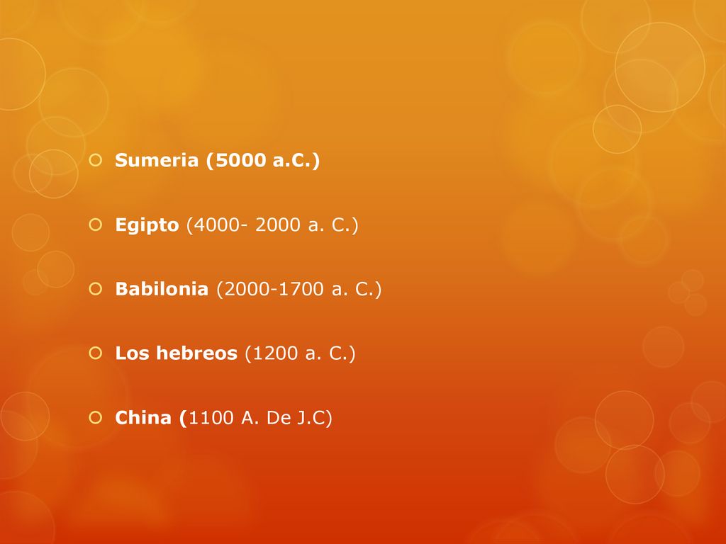 Sumeria (5000 a.C.) Egipto ( a. C.) Babilonia ( a. C.) Los hebreos (1200 a. C.)