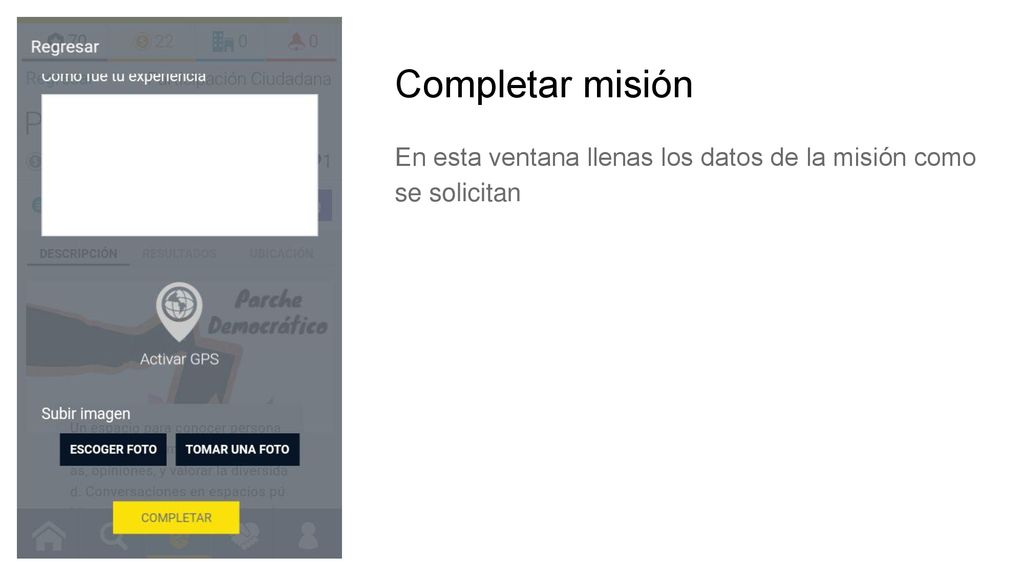 Completar misión En esta ventana llenas los datos de la misión como se solicitan