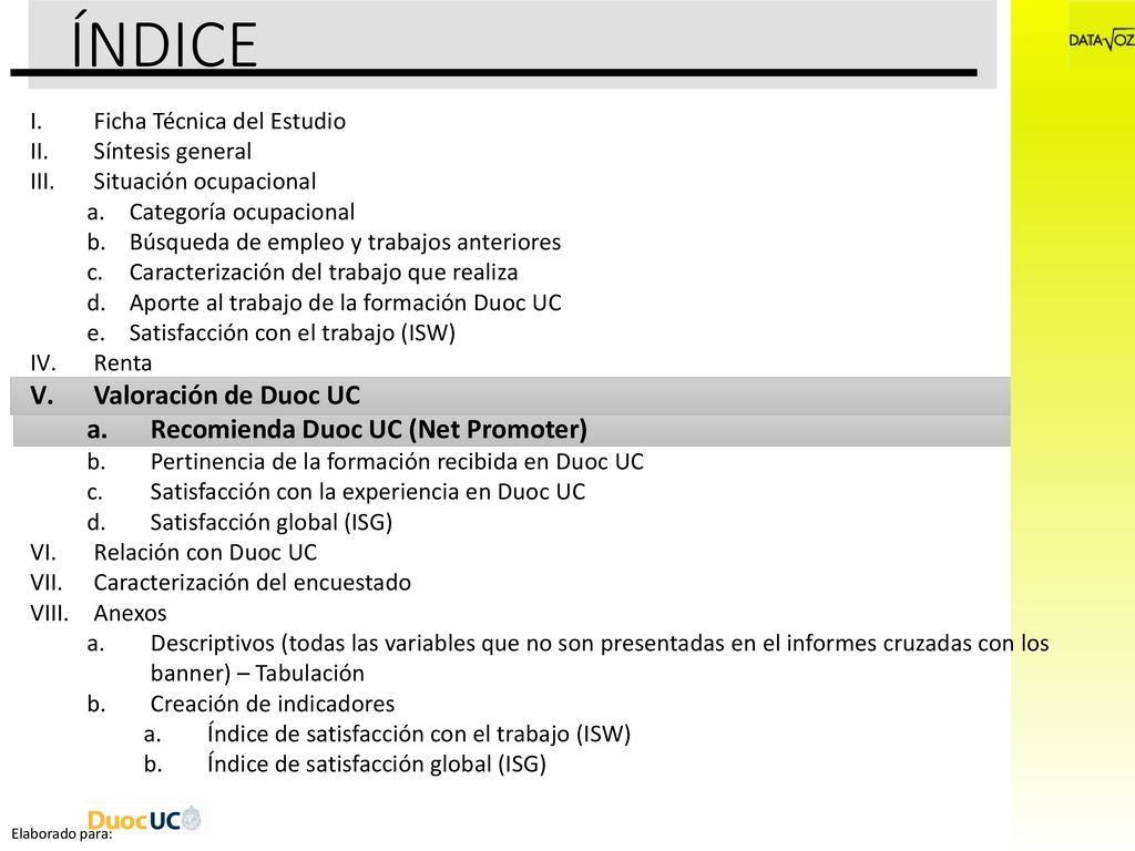 ÍNDICE Valoración de Duoc UC Recomienda Duoc UC (Net Promoter)